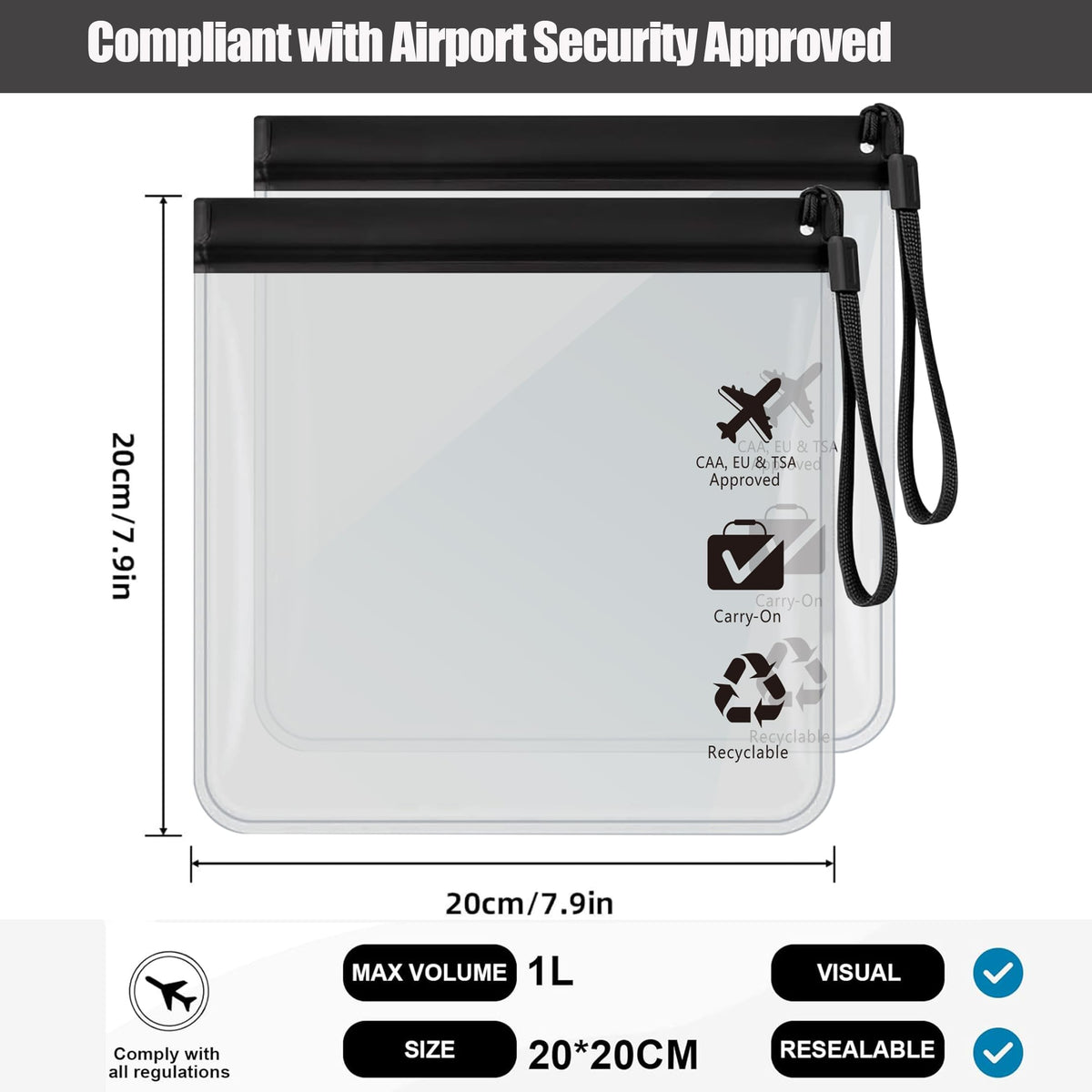 5Pcs TSA Approved Toiletry Bag-Quart Size Travel Bag for EU UK & US Carry-on Regulations Security, Quart Clear Toiletries, Cosmetic and 3-1-1 Liquids Toiletry Bag (Waterproof & Leakproof)