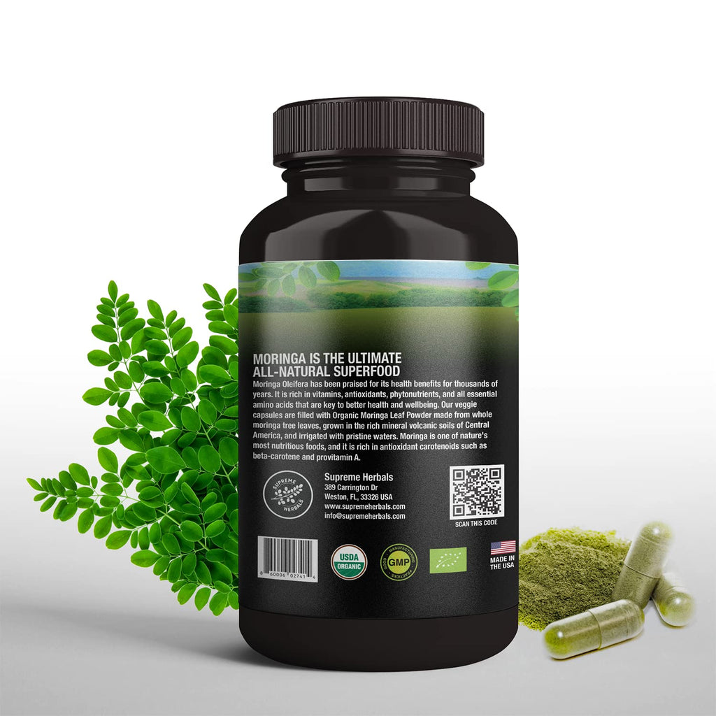 SUPREME HERBALS, 100% Raw and Pure Moringa Leaf Powder Capsules. Organic Certified Moringa Leaf. Natural Superfood with Essential Amino Acids, Antioxidants and Omega 3, 500mg, 120 Capsules.