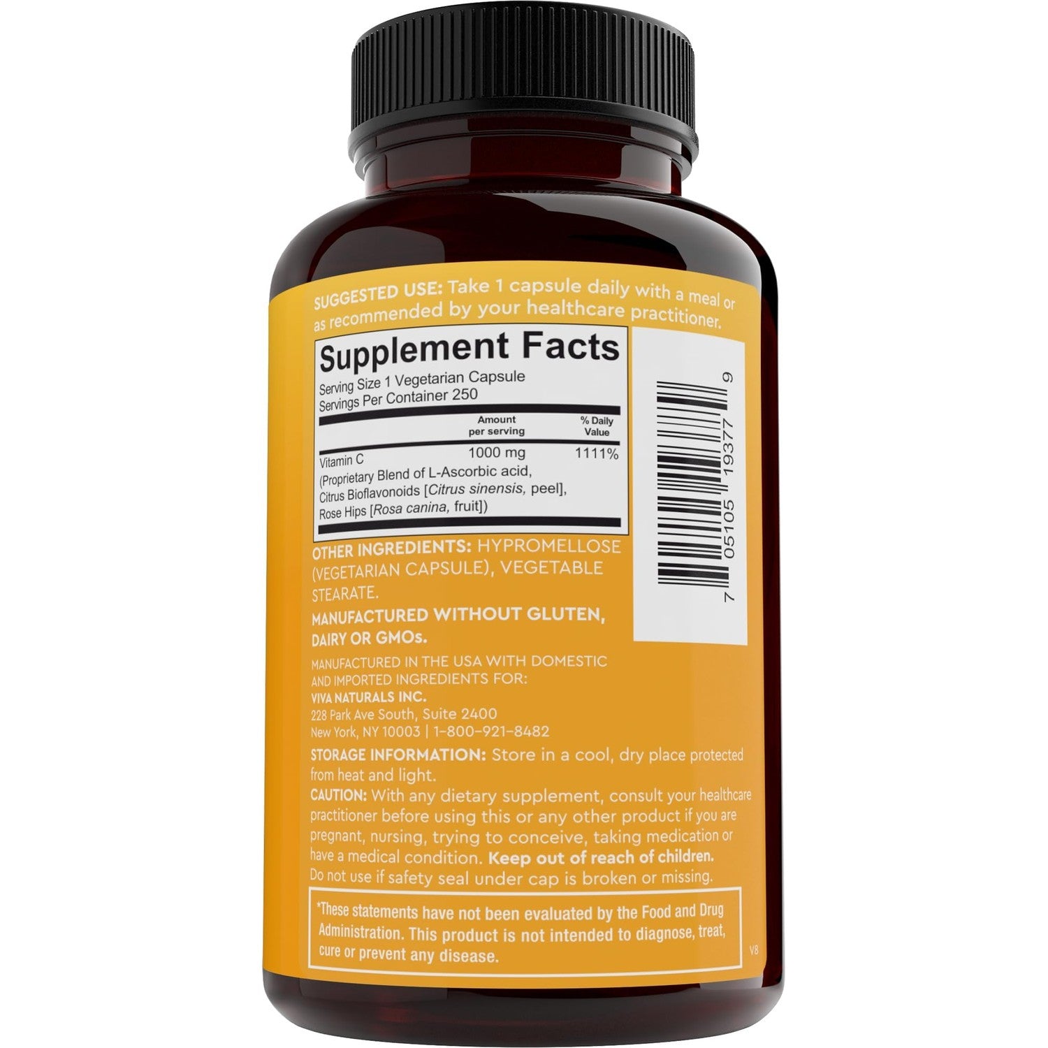 Viva Naturals Vitamin C, 1000 mg, 250 Vegetarian Capsules – with Citrus Bioflavonoids & Rose HIPS, Non-GMO for Immune Support & Antioxidant Protection