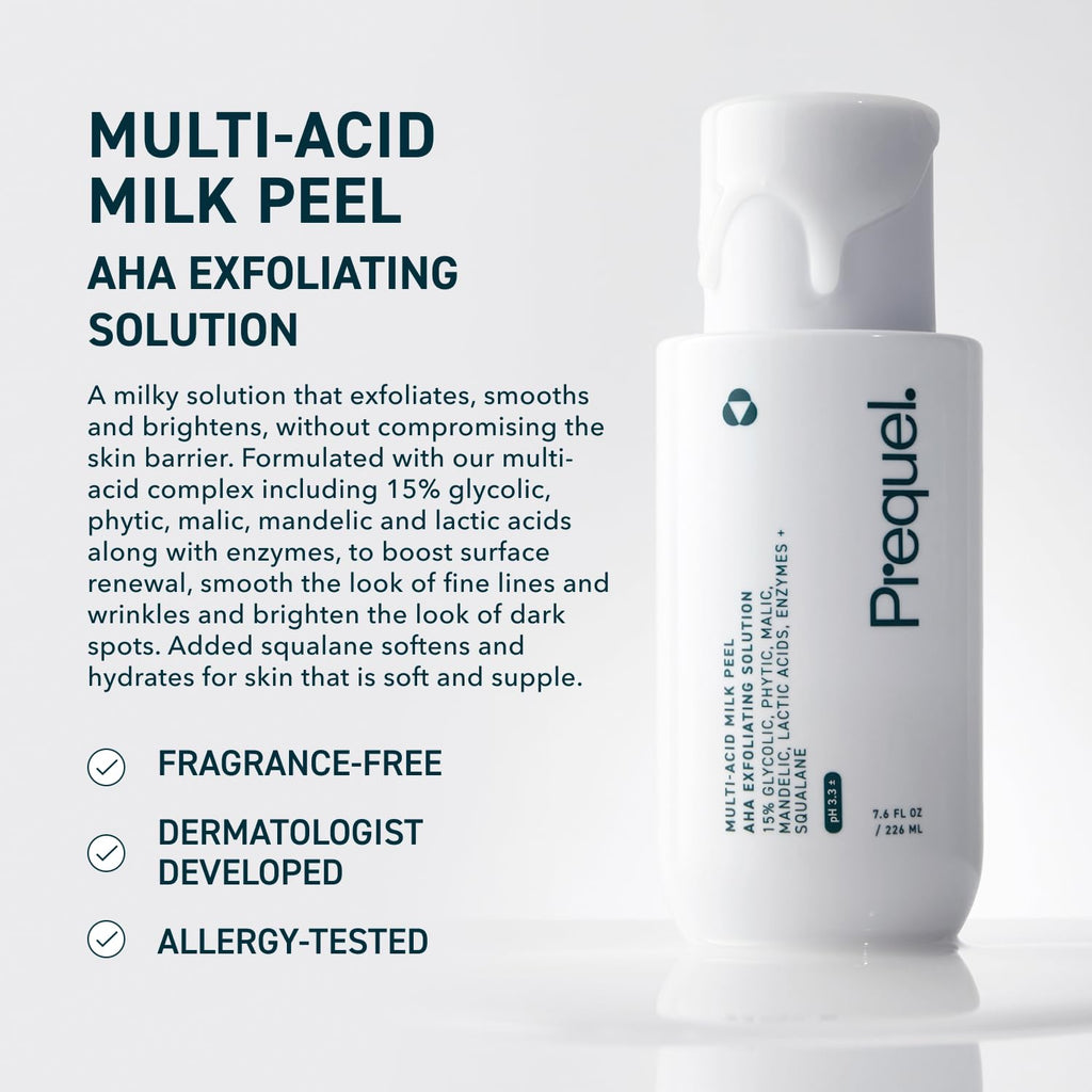 Prequel Skin Multi Acid Milk Peel - Glycolic Lactic AHA Exfoliant 7.6oz | Face Peel, Glycolic Acid, Lactic Acid for Face, AHA Peel with Enzymes, Hydrating Liquid Exfoliant for Sensitive Skin Texture
