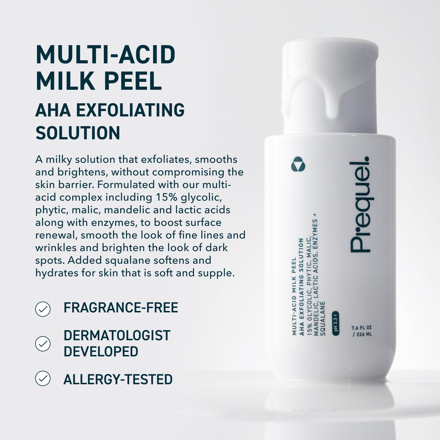Prequel Skin Multi Acid Milk Peel - Glycolic Lactic AHA Exfoliant 7.6oz | Face Peel, Glycolic Acid, Lactic Acid for Face, AHA Peel with Enzymes, Hydrating Liquid Exfoliant for Sensitive Skin Texture