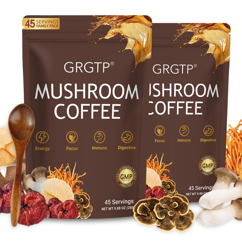 GRGTP Mushroom Coffee - Superfood Blend with 6 Adaptogens (Cordyceps, Lion's Mane, Reishi Other) | Jitter-Free Energy, Enhanced Focus, Digestion & Immunity Support | 45 Servings, Vegan, Gluten Free, Non-GMO | Smooth Flavor