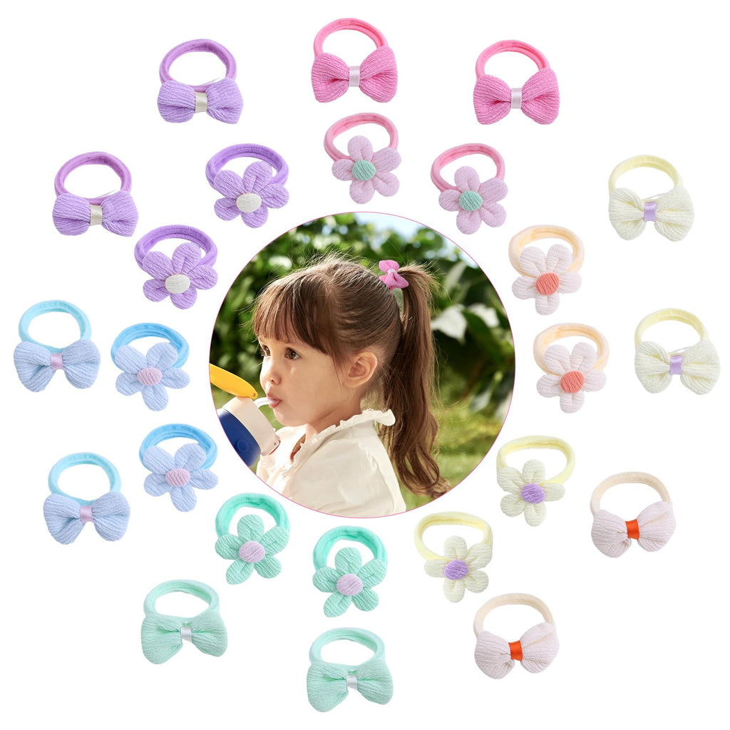 24 Pcs Toddler Hair Ties for Girls, Baby Hair Tie Cute Flower Elastic Scrunchies, Seamless Ponytail Holders, Little Girls Hair Accessories for Thick Hair, Pink, Purple, Blue