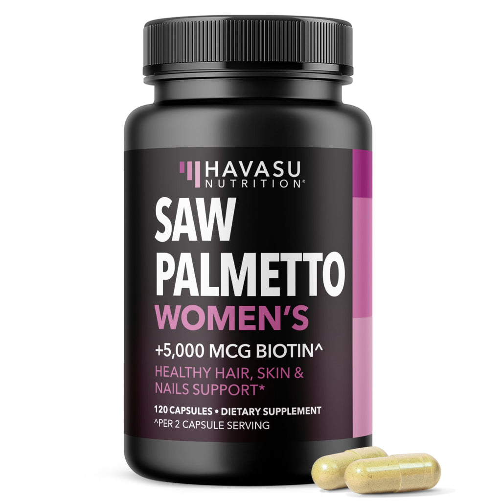 Saw Palmetto for Women with Bitoin 5000mcg Per Serving, 60-Day Supply | Vegan, Non-GMO DHT Blocker for Women for Hair, Skin and Nails, Saw Palmetto Extract with Biotin for Thicker Looking Hair