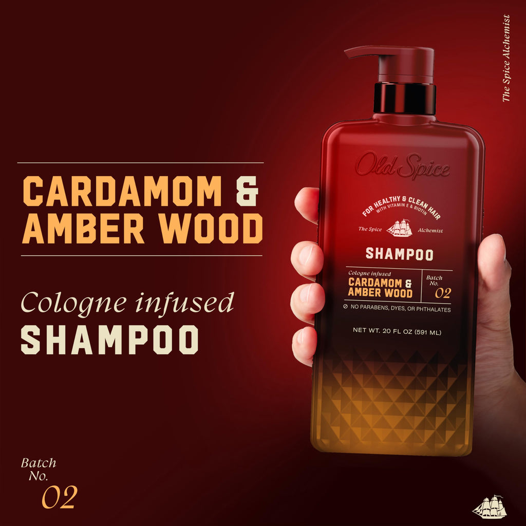 Old Spice Men's Shampoo, The Spice Alchemist Collection, Cologne-Infused Cardamom and Amber Wood Scent, Free of Parabens & Phthalates, 20 fl oz