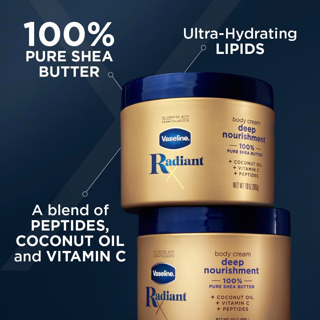 Vaseline Radiant X Deep Nourishment Body Cream 100% Pure Shea Butter, Coconut Oil, Vitamin C, & Peptides 10 oz (Pack of 6)