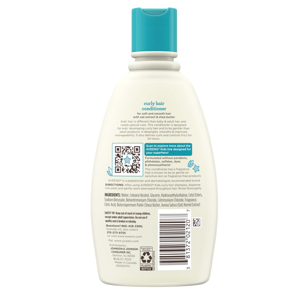 Aveeno Kids Curly Hair Conditioner, 12 fl. oz | Hydrating Conditioner, Oat Extract & Shea Butter, Gentle Scent, Detangles & Moisturizes Curls