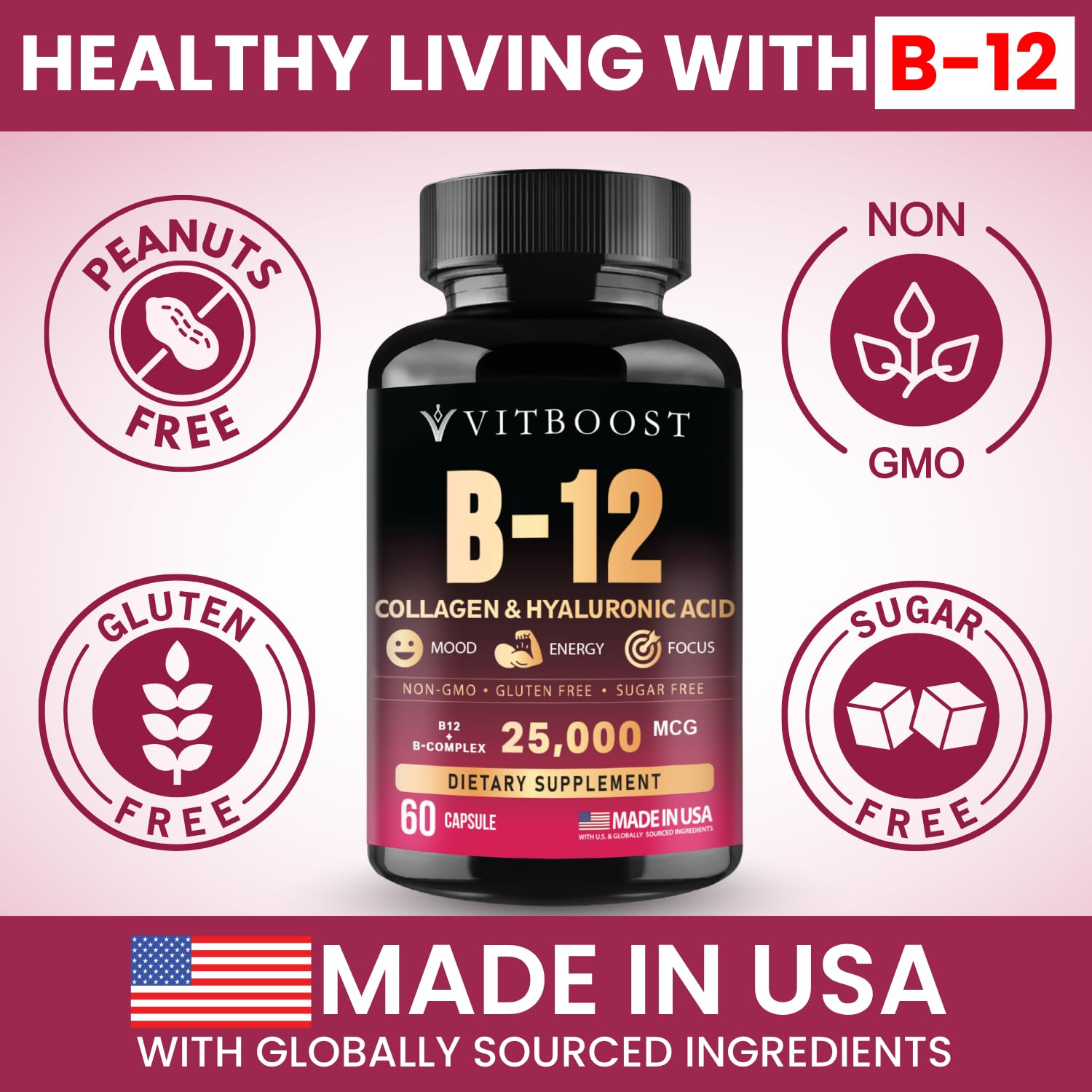 Vitamin B12 with Hyaluronic Acid and Collagen - 25000 mcg B12 Complex, 60Ct | Maximize Absorption & Energy - Folate, B1, B2, B3, B6, B7, B12 Vitamins 5000 mcg Methylcobalamin - Gluten Free