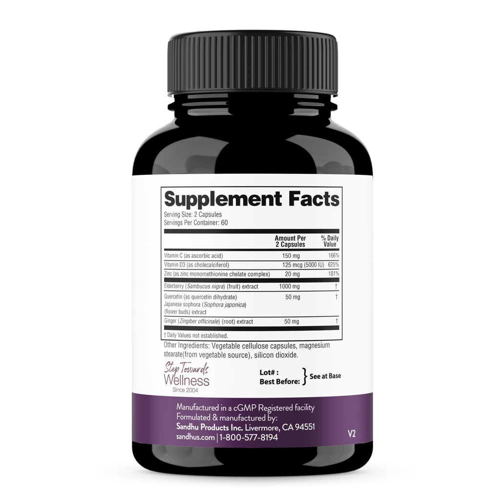 Elderberry Vitamin C and Zinc Capsules with D3 and Quercetin, 120 Count | 6-in-1 Immune Support Supplements For Adults, Sambucus Extract Zink Ginger USA Made in NSF GMP Certified Facility By Sandhu's