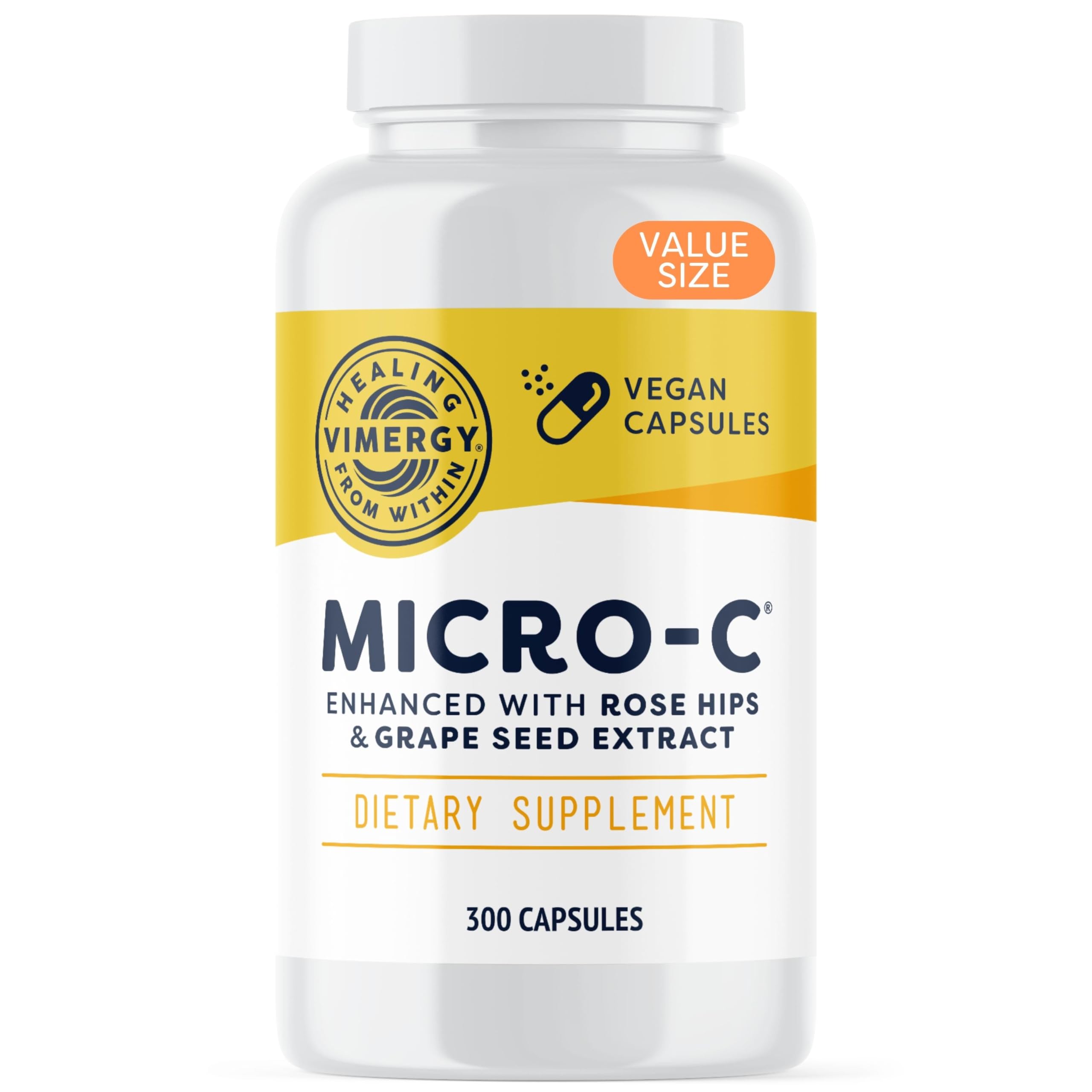 Vimergy Micro-C® Vitamin C Capsules 500mg, Vegan, 300 Servings, Value Size | Whole Body Immunity*, Equal to 7 Oranges, Promotes Collagen* and Healthy Bones*, Kosher, Vegan & Gluten-Free