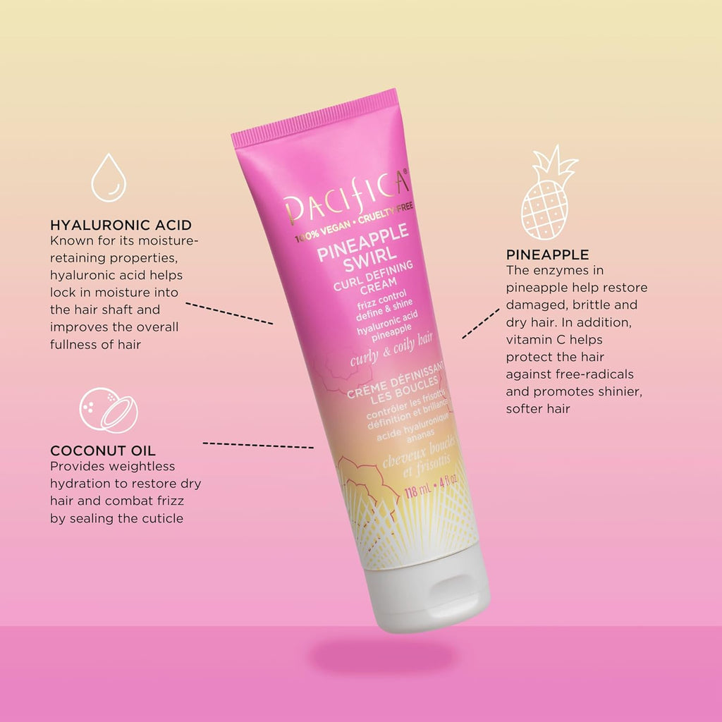 Buy now Pacifica Pineapple Swirl Curl Defining Cream â€“ Curl Cream for Curly Hair, Curly Hair Products with Coconut Oil and Hyaluronic Acid, Styling for Bouncy Waves Without Crunch - 4 Oz at indiglob india