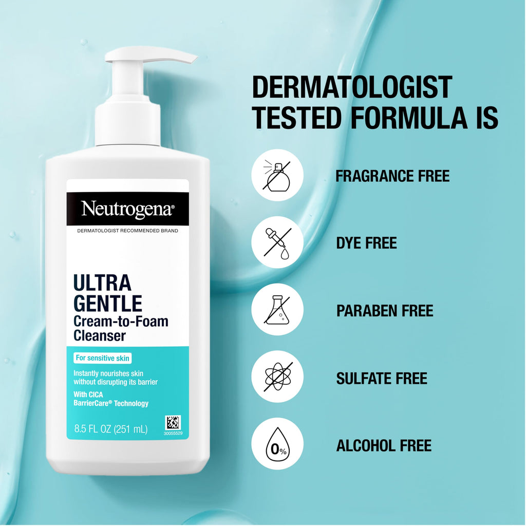 Buy now Neutrogena Ultra Gentle Cream to Foaming Face Wash for Sensitive Skin, Fragrance-Free Gentle Facial Cleanser, Hypoallergenic Skin Care, Non-Comedogenic Makeup Remover, 8.5 oz at indiglob india