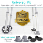 Vive Walker Ski Glides and Covers (4 Pack) - Skid Caps, Senior Accessories