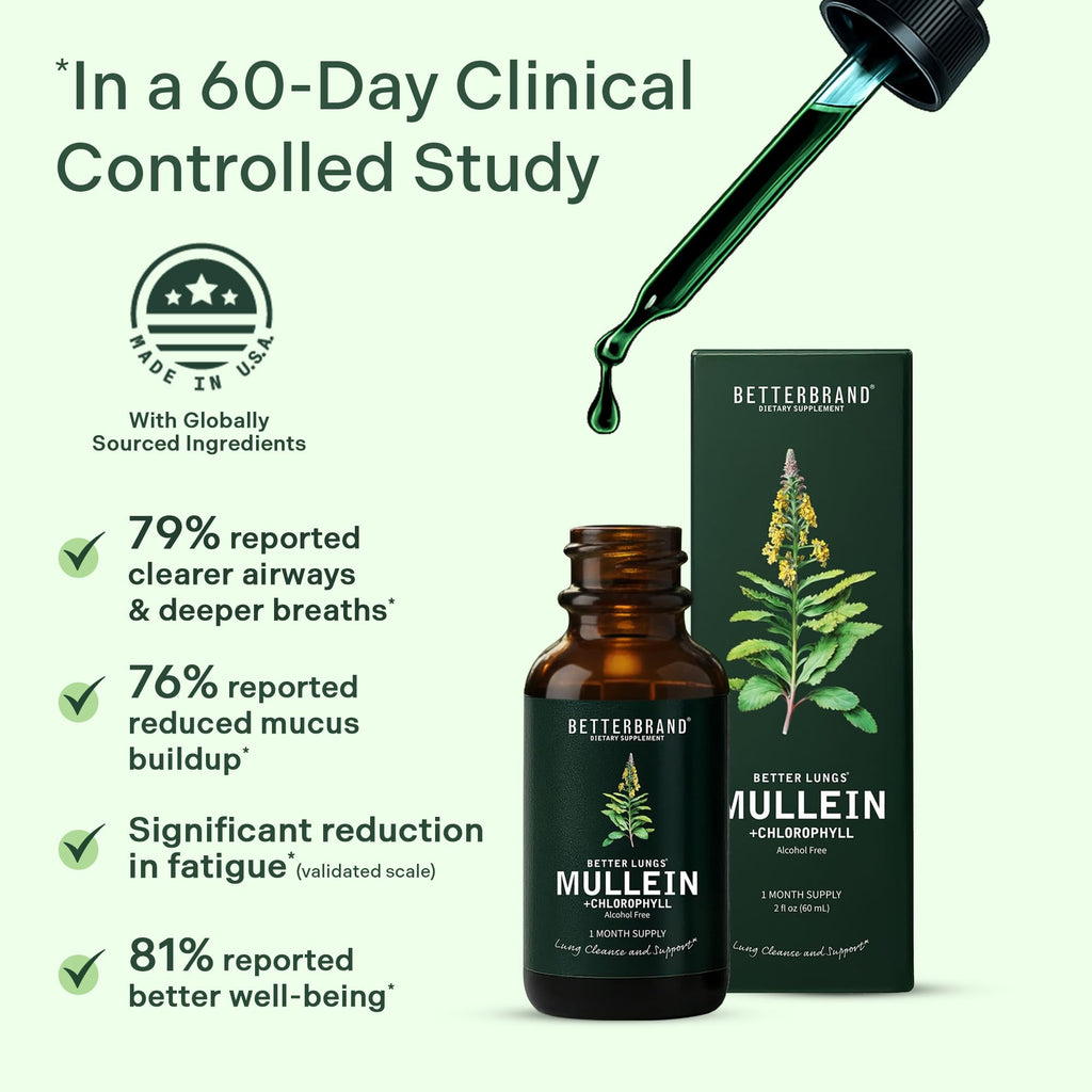 Betterbrand Mullein Drops, Alchohol-Free Lung Detox with Chlorophyll | 30:1 Mullein Leaf Tincture, Lung Cleanse, Long-Term Lung & Respiratory Health, Mullein Drops Supplement, Improved Airflow
