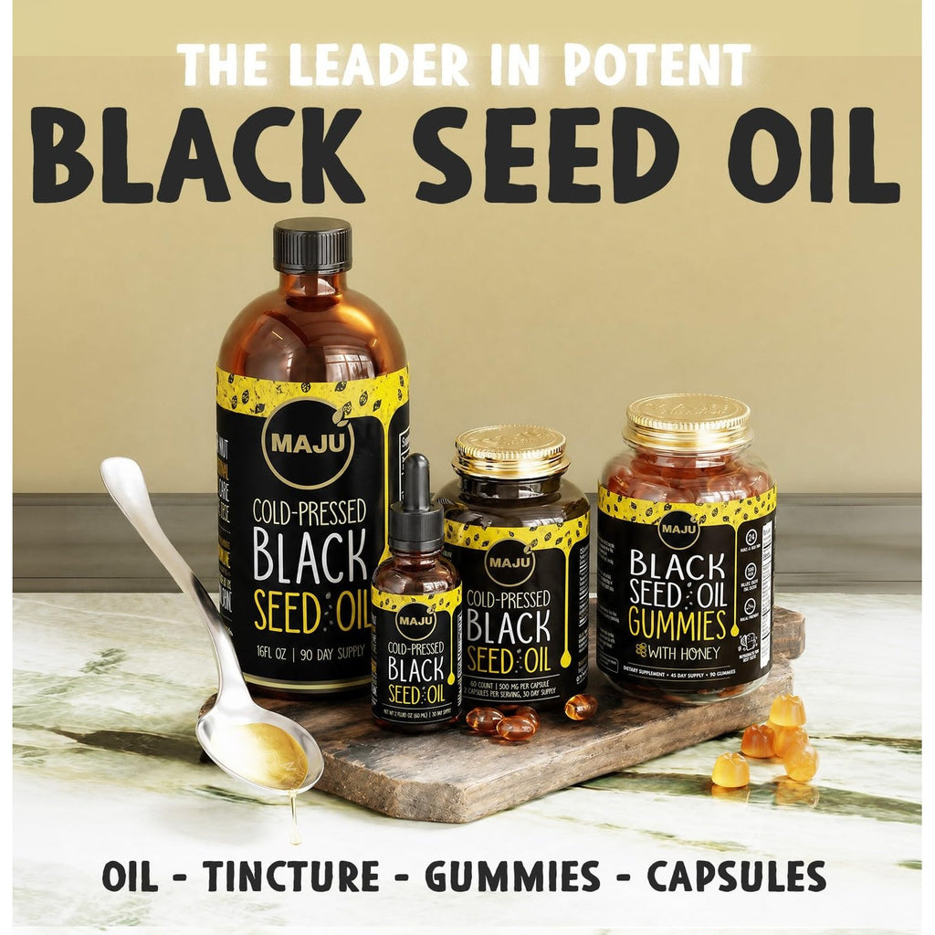 Maju Superfoods Black Seed Oil Capsules - Cold Pressed, 3X Thymoquinone, 100% Turkish Black Cumin Nigella Sativa Seed Oil, Liquid Pure Blackseed 60 Count, 500mg per Capsule