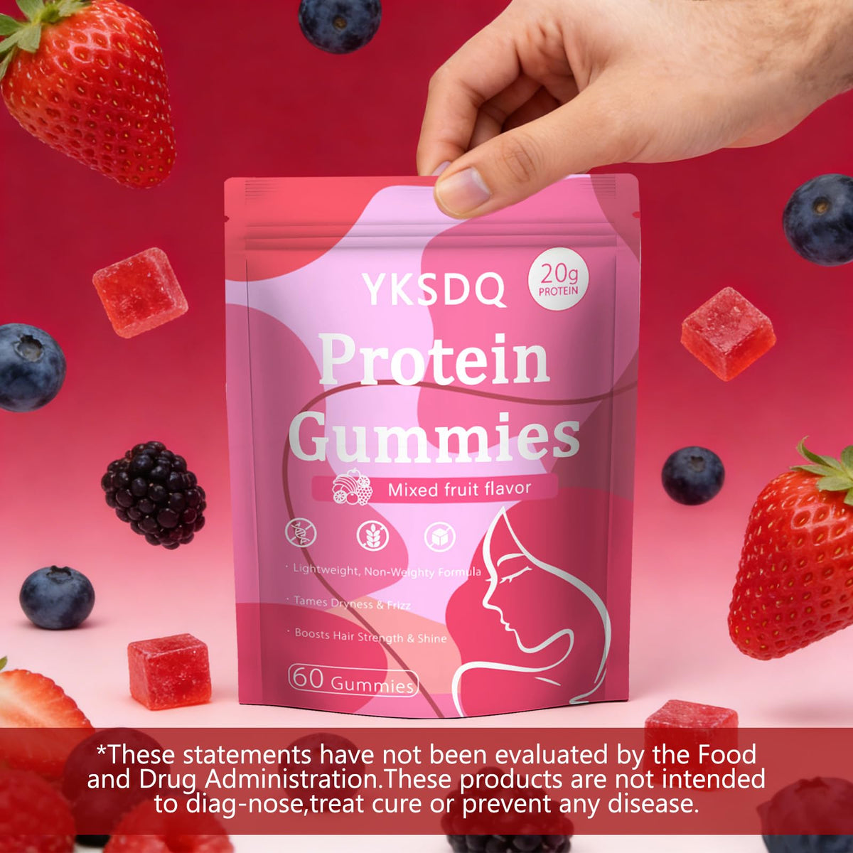 Protein Gummies for Women & Men, 20g Protein per Serving, Zero Sugar, Vegan, Supports Hair Skin Nails Health with Collagen, Energy Boosting Supplement, Mixed Berries Flavor, 60 Gummies (1) (1)