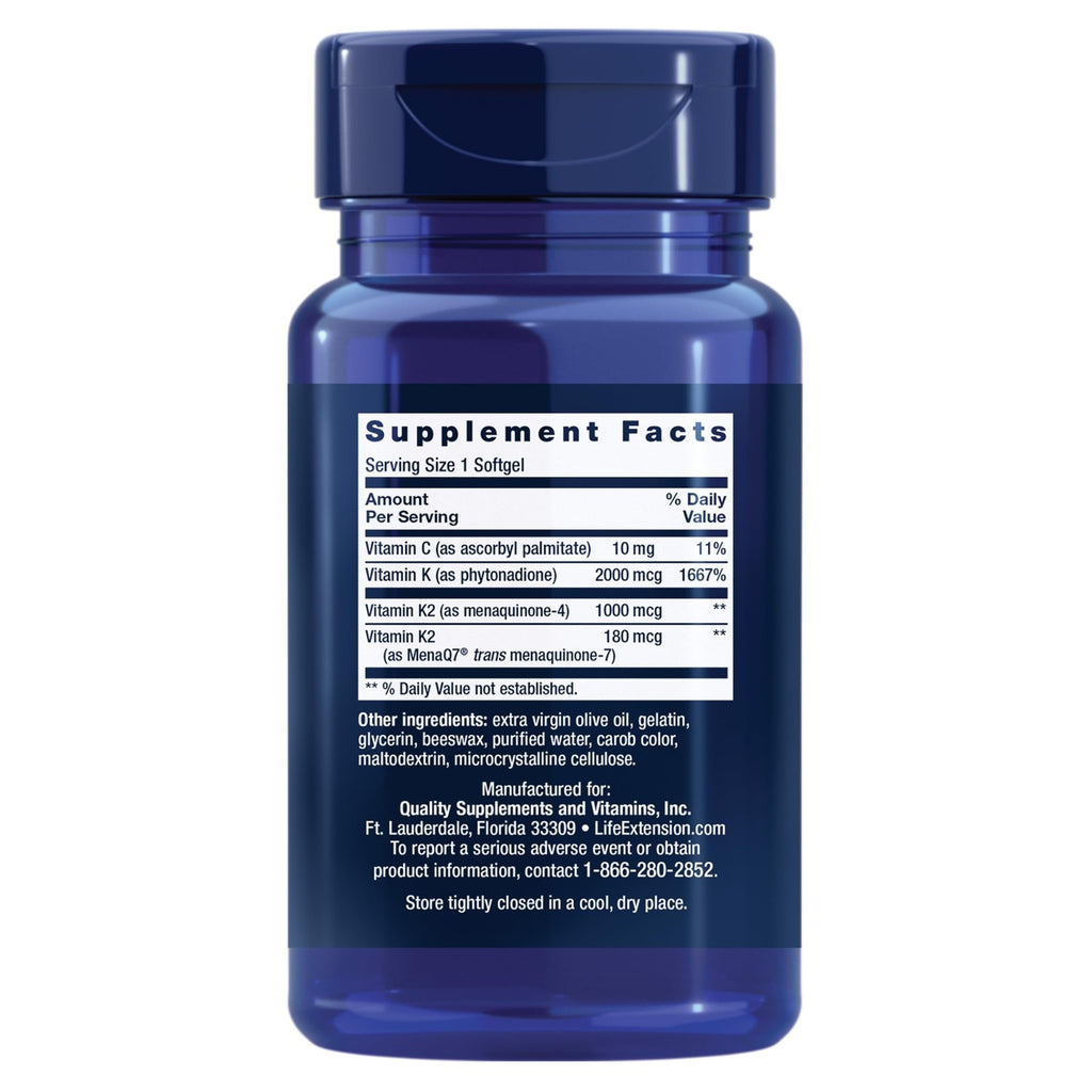 Life Extension Super K, Vitamin K Supplement, 2000 Mcg Vitamin K and 1180 Mcg Vitamin K2, Heart Health, Once-Daily, 90 Softgels | Vitamin K1, K2 MK-7 & K2 MK-4 for Heart & Arterial Health and Calcium Balance; 3-Month Supply, 1 Daily, Gluten-Free & Non-GMO