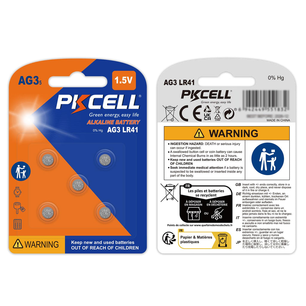 PKCELL LR41 Button Batteries 5 Pack, LR41 Battery AG3 Battery