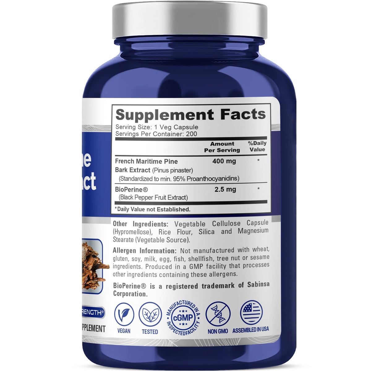 French Maritime Pine Bark, Vegan, 400mg, 200 Veggie Caps - 200 Servings