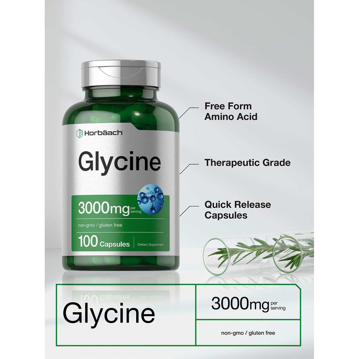 Horbäach Glycine 3000mg Supplement | 100 Powder Capsules | Non-GMO, Gluten Free