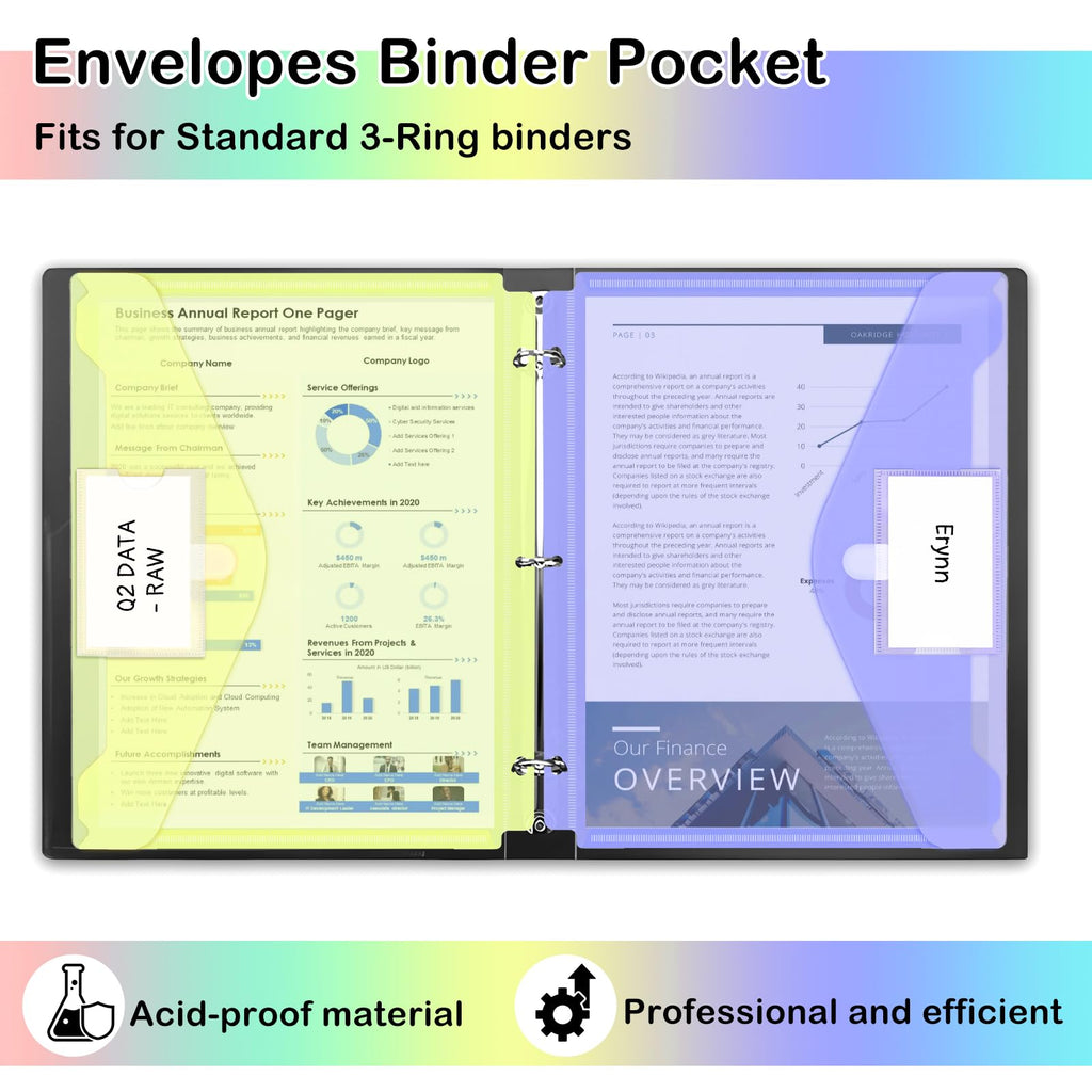 Binder Pocket, 10 Pack Super Heavyweight Plastic Folders for 3 Ring Binder, Folders with Pockets Side Loading, Binder Pouch with Label Expandable, Letter Size, Pastel Colors