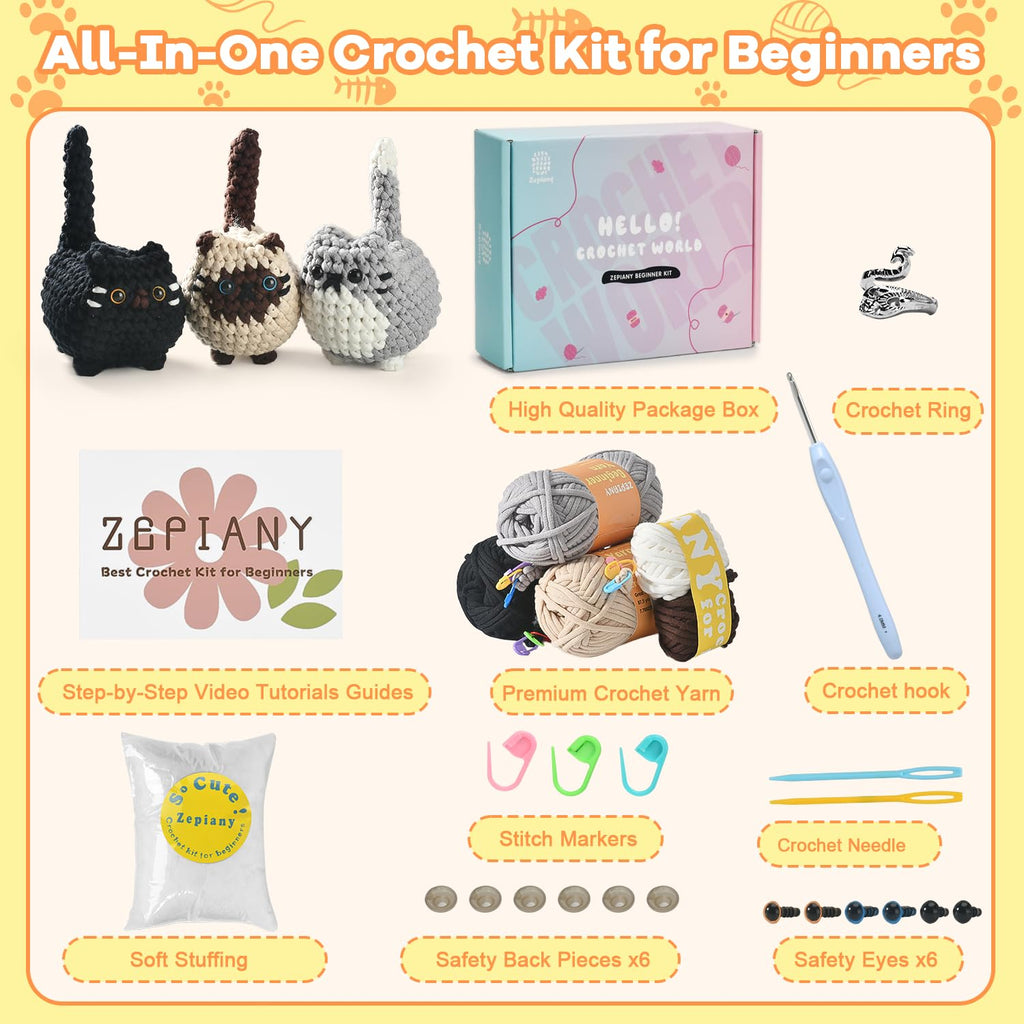 Zepiany Crochet Kit for Beginners Crochet Cat Beginner Crochet Kit for Adults Amigurumi Crochet Animals Cat Crafts Hobby Crochet Kits Easy Knitting Kit