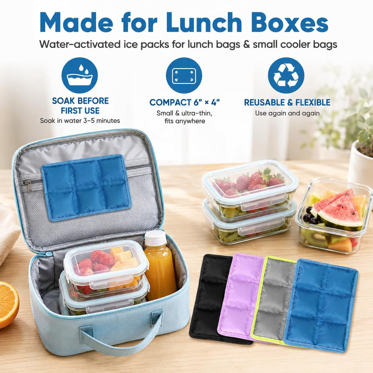 4 Pack Small Ice Packs for Lunch Boxes, Reusable, Multi-Color