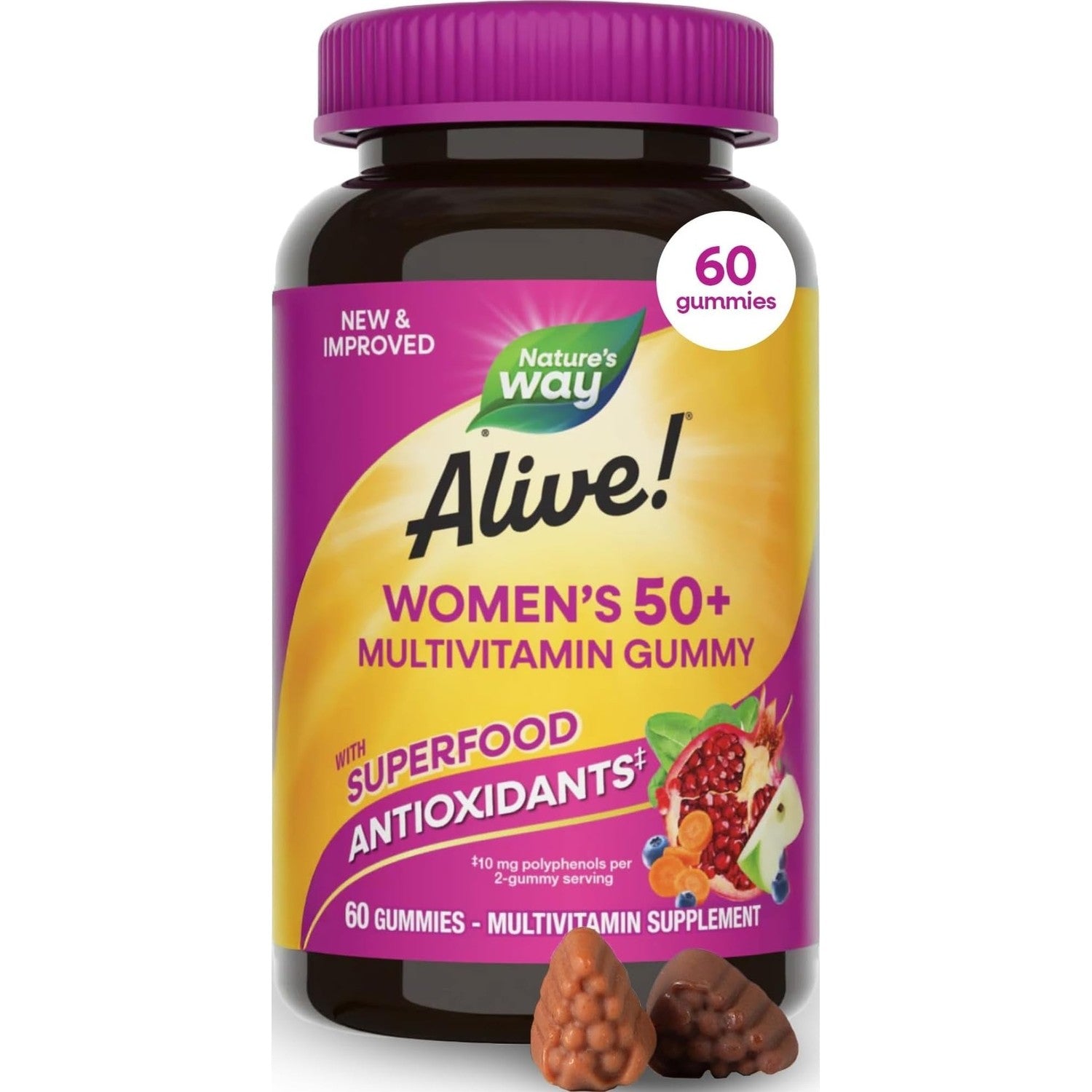 Nature's Way Alive! Women's 50+ Multivitamin Gummies, Mixed Berry, 130 ct | Daily Gummy Multi with B-Vitamins, Vitamin D3 & Calcium to Support Heart, Brain, & Bone Health for Women 50 and Older*