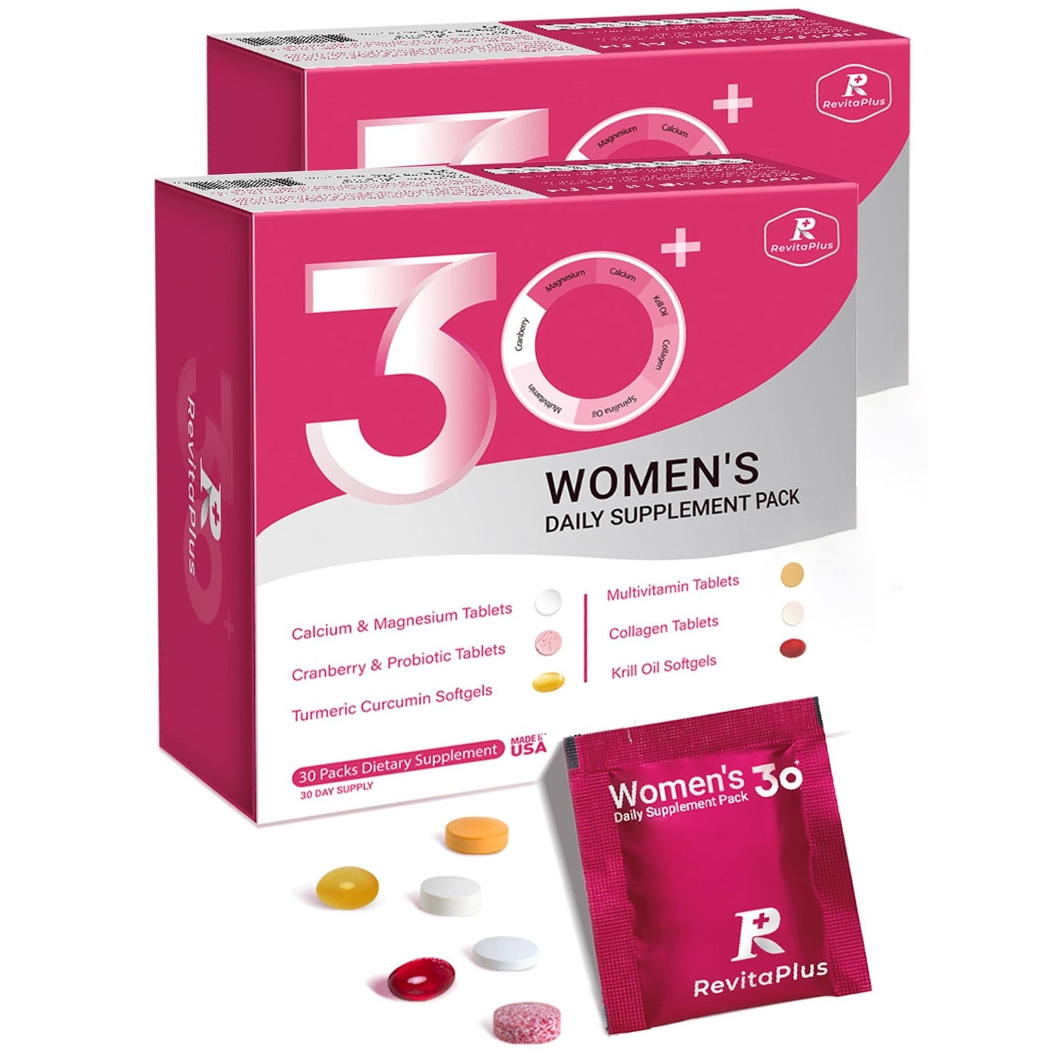 RevitaPlus Multivitamin for Women Daily Pack 60 Servings | Vitamin A,B,C,D3,E,K2,Biotin, Collagen, Krill Oil, Cranberries, Vitamin Packs for Women Energy,Wellness,Beauty and Immune