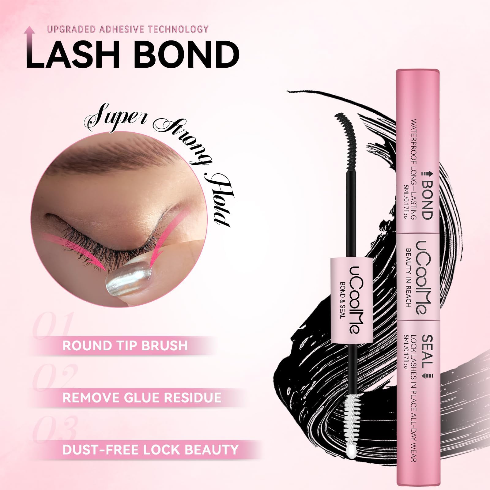 uCoolMe Lash Bond and Seal Waterproof for Lash Clusters 144Hours New Upgrade Leak-Proof Cap Upgraded Airtight Pipe Material Non-Irritating Lash Glue for DIY at Home(Black,10ML)