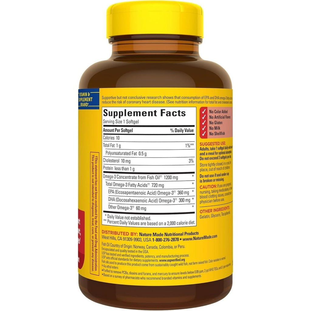 Buy now Nature Made Fish Oil Omega 3 Supplements, Omega 3 Fish Oil as Ethyl Esters 1200 mg Softgels, EPA DHA Supplement for Healthy Heart, Brain, Eye Support, One Per Day, 100 Softgels at indiglob india