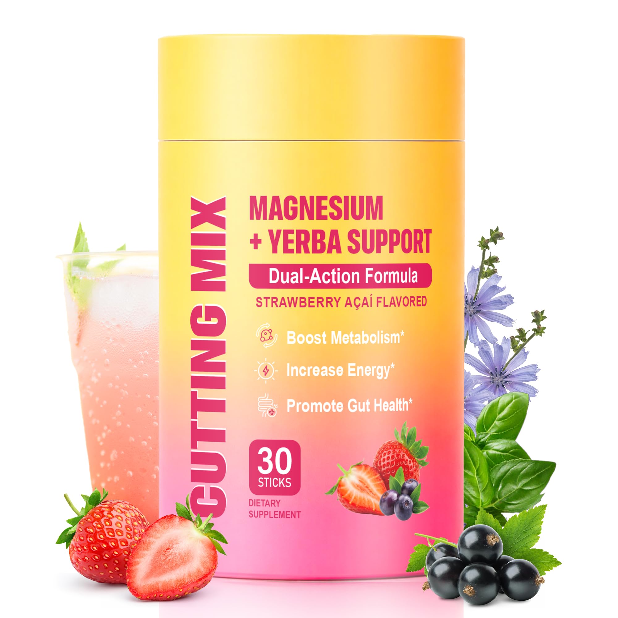 Cutting Drink Mix – Supports Energy & Gut Health with Magnesium, Berberine, Chromium, 5-HTP, Yerba Mate & FOS | Sugar-Free, Vegan, Non-GMO, Strawberry Açaí - 30 Servings