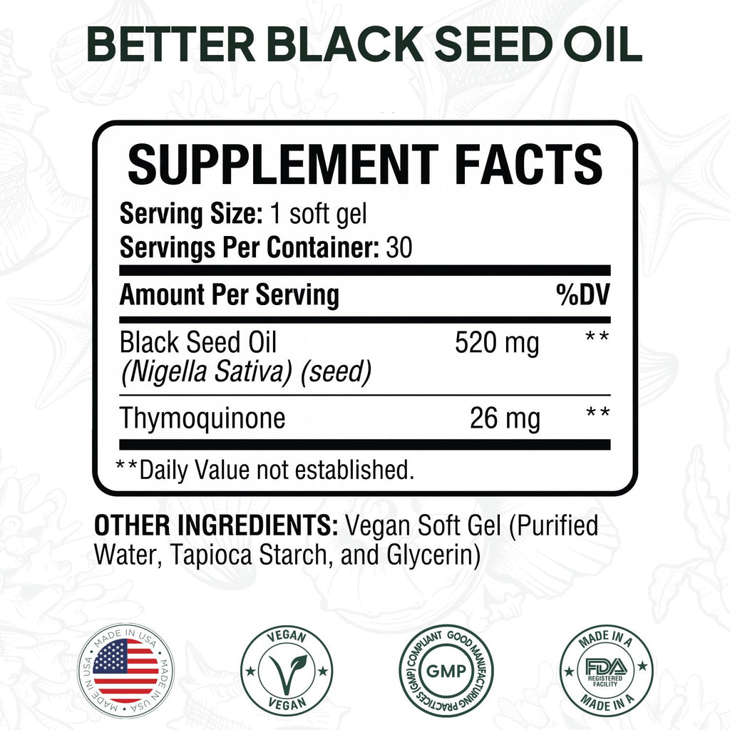 Organics Ocean Better Black Seed Oil Cold Pressed - Pure Nigella Sativa Oil for Immune Support - 5% Thymoquinone - Support Memory, Vitality, and Cellular Health