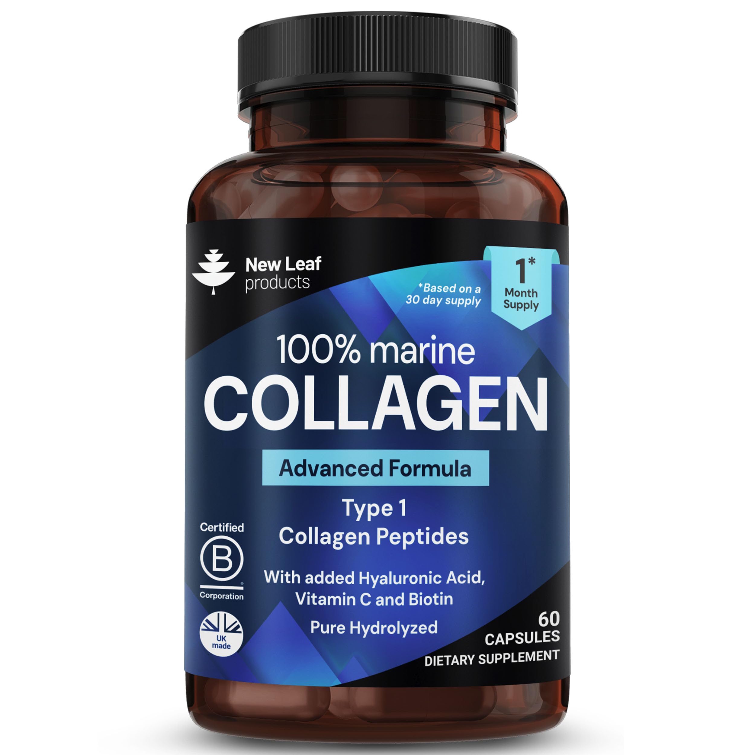 Pure Marine Collagen Supplements for Women & Men - with Hyaluronic Acid, Vitamin C & Biotin - Collagen Peptides Hydrolyzed Collagen for Hair Skin & Nails - 60 Capsules by New Leaf UK Made
