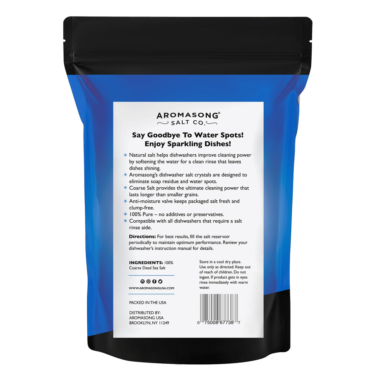 Aromasong Dishwasher Salt - 100% Natural Water Softening Agent for Cleaner Dishes & Washer Reactivation - Compatible with Bosch, Miele, Whirlpool, Thermador, and more - 5 LB.