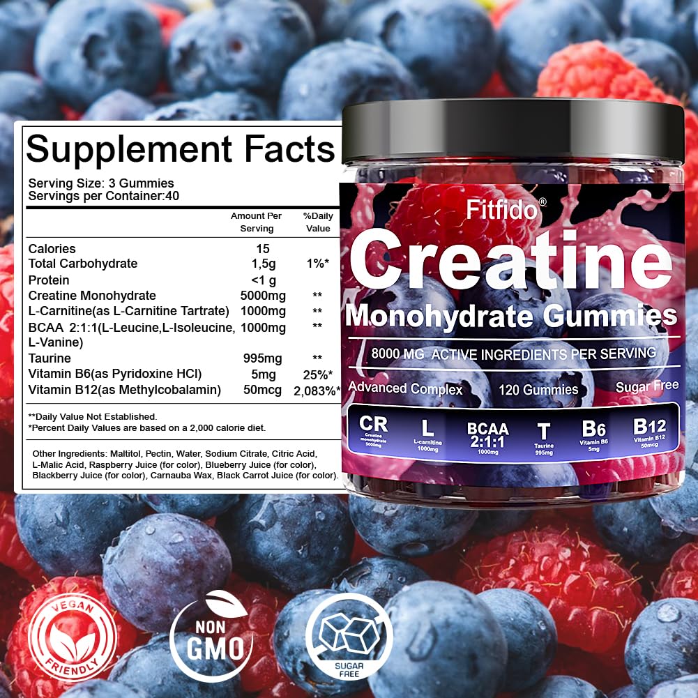 Creatine Monohydrate Gummies 5000mg with L-Carnitine, 120 Count | Containing Taurine for Women & Men, Build Muscle, Boost Energy, Faster Recovery, Sugar Free, Vegan, Raspberry & Blackberry