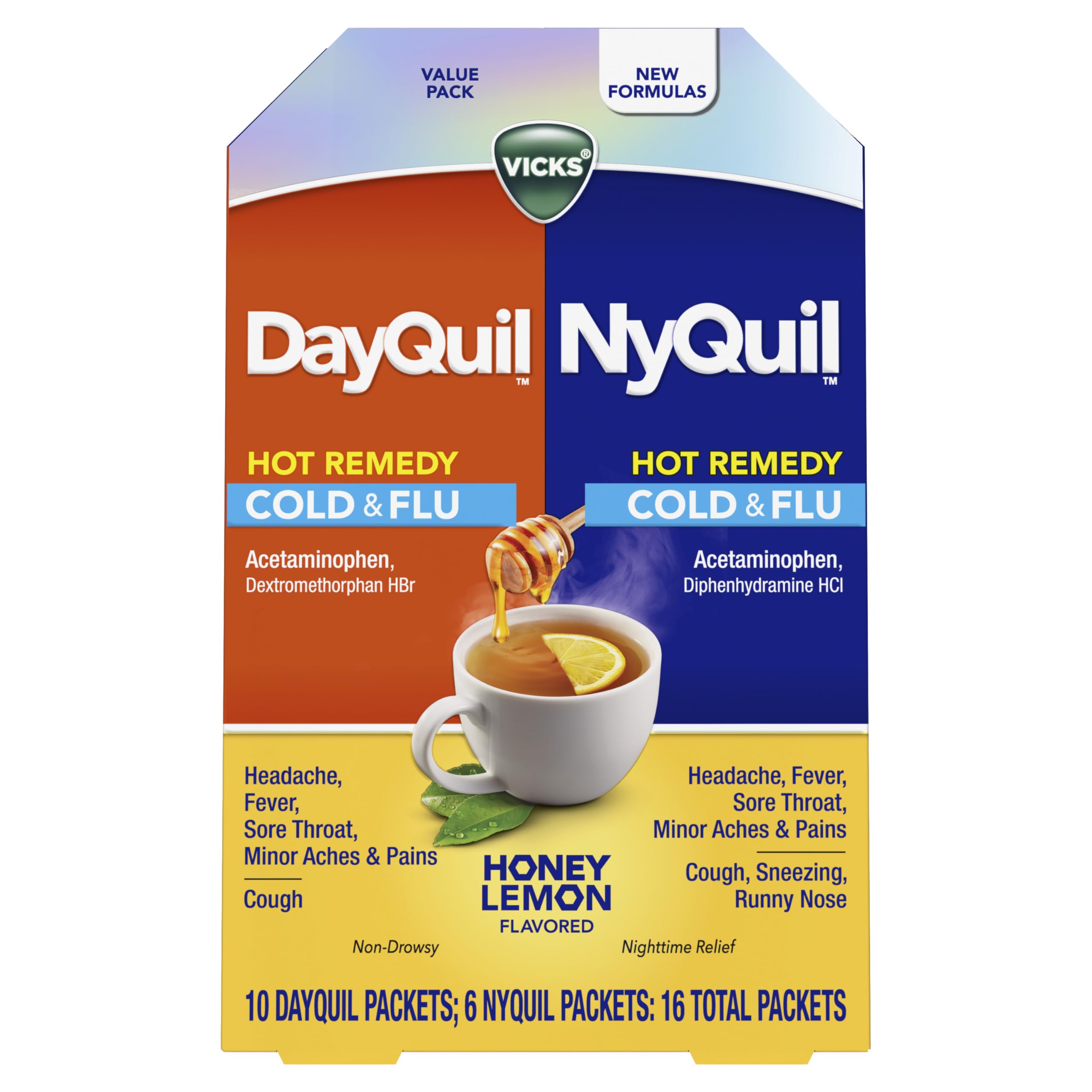 Buy now Vicks DayQuil & NyQuil Hot Remedy Cold & Flu Powder Mix, Over-The-Counter Medicine, Value Pack, Fast Relief for Headache, Fever, Sore Throat, Minor Aches and Pains, and Cough, 16 Packets at indiglob india
