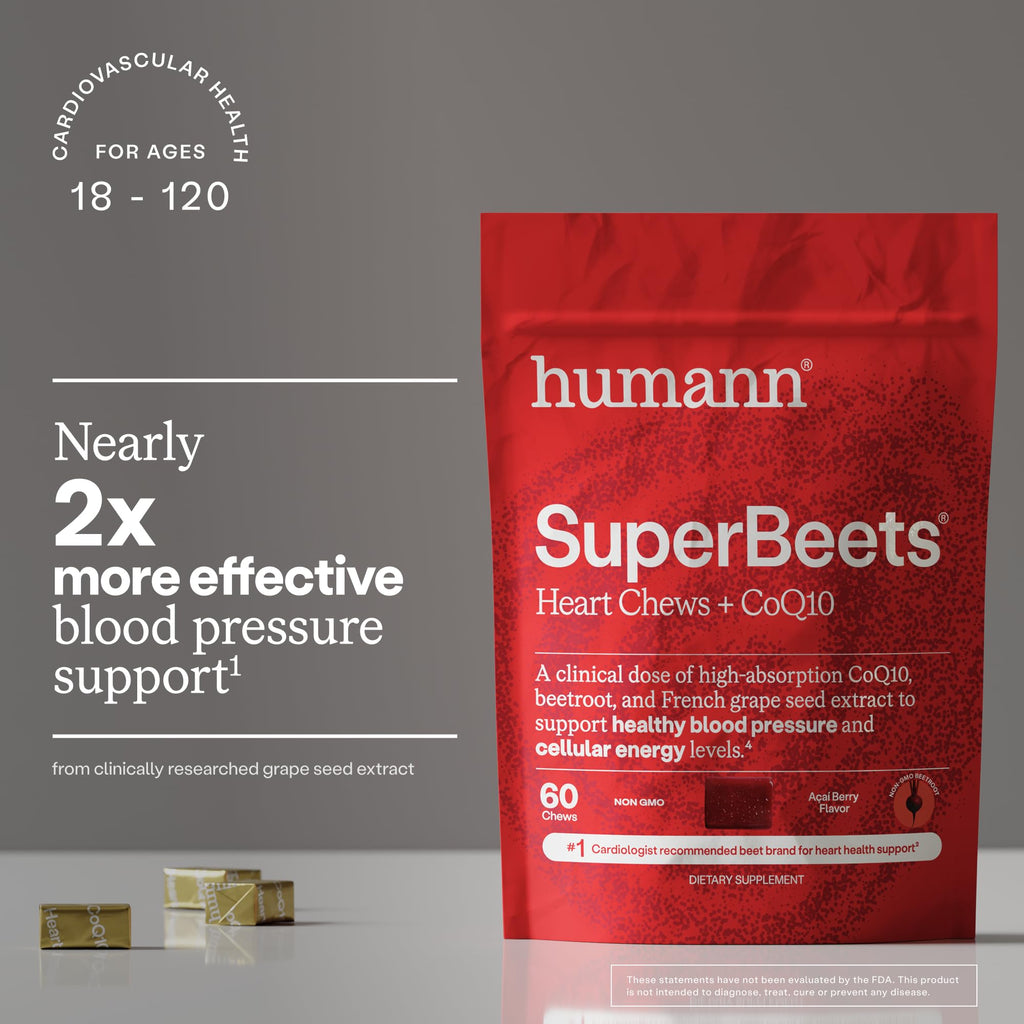 HumanN SuperBeets 3-in-1 Heart Chews + 3X Absorption 150mg CoQ10, 60 Ct | Blood Pressure Support, Nitric Oxide Support & Cellular Energy, Non-GMO Beetroot, Grape Seed Extract, Once Daily, Made in USA