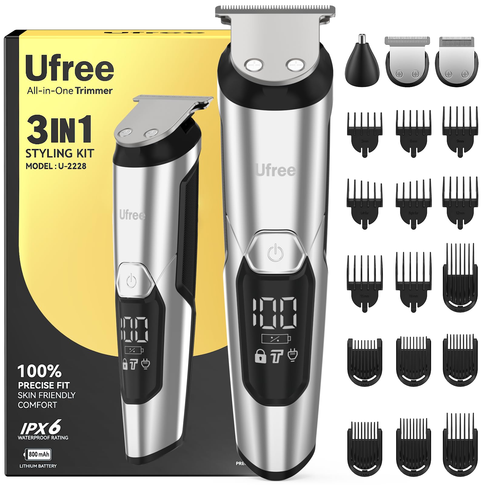 Ufree 3-in-1 Beard Trimmer for Men, IPX6 Waterproof Electric Razor | Gifts for men, Beard, Nose, Hair, Stainless Steel Blades, USB-C Charge, 120-Min Usage, 8000 RPM, Wet and Dry, Travel Lock