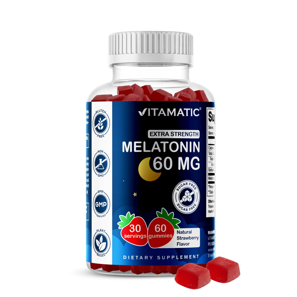 Vitamatic Sugar Free Melatonin 60 mg Per Serving - 60 Vegetarian Gummies | Non-Habit Forming High Potency Melatonin Supplement