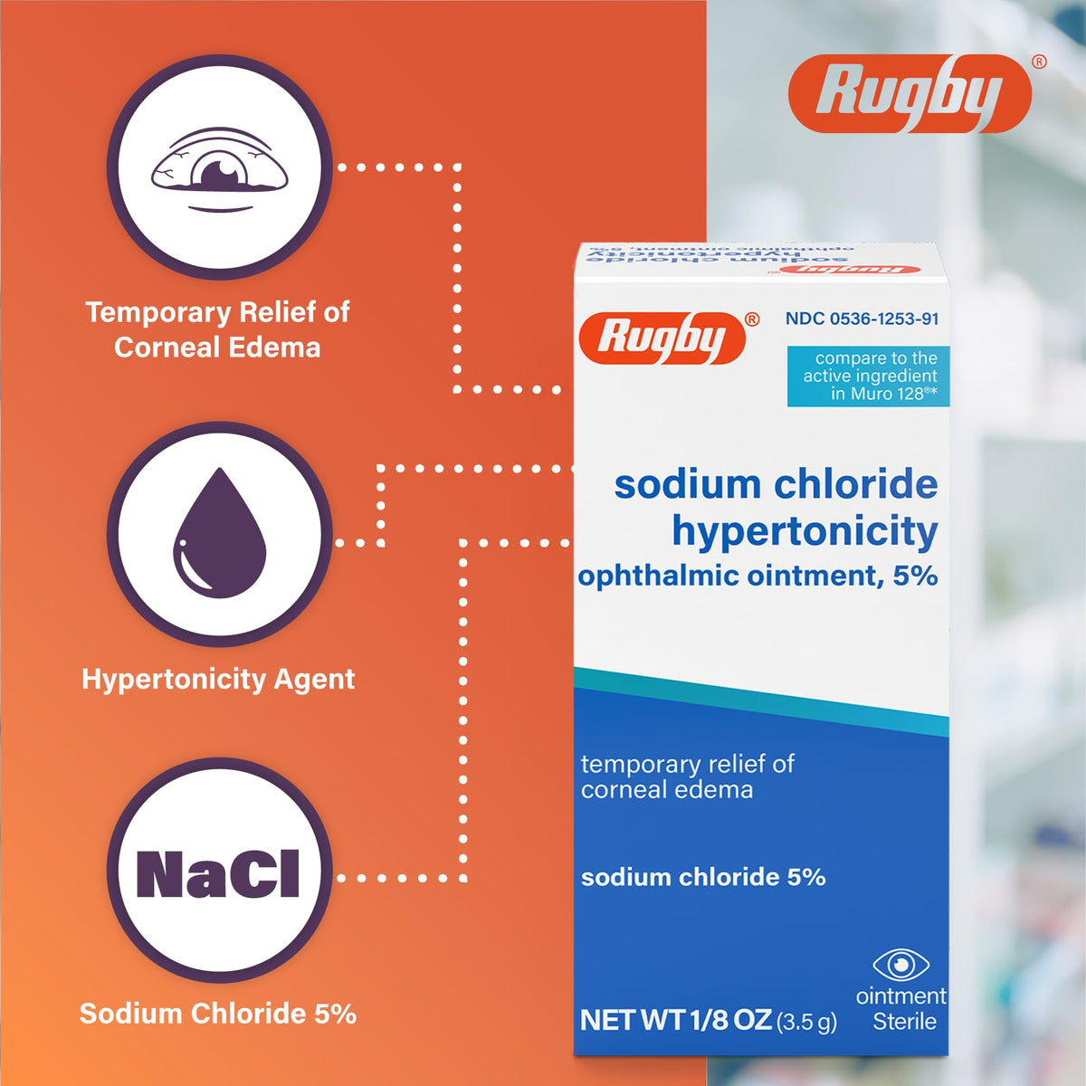 Rugby Sodium Chloride Hypertonicity Ophthalmic Ointment 5% - 50 mg Sodium Chloride Eye Ointment for Temporary Corneal Edema Relief - Made With Lanolin and Mineral Oil - Alcohol-Free - 0.125 Oz(3 Pack)