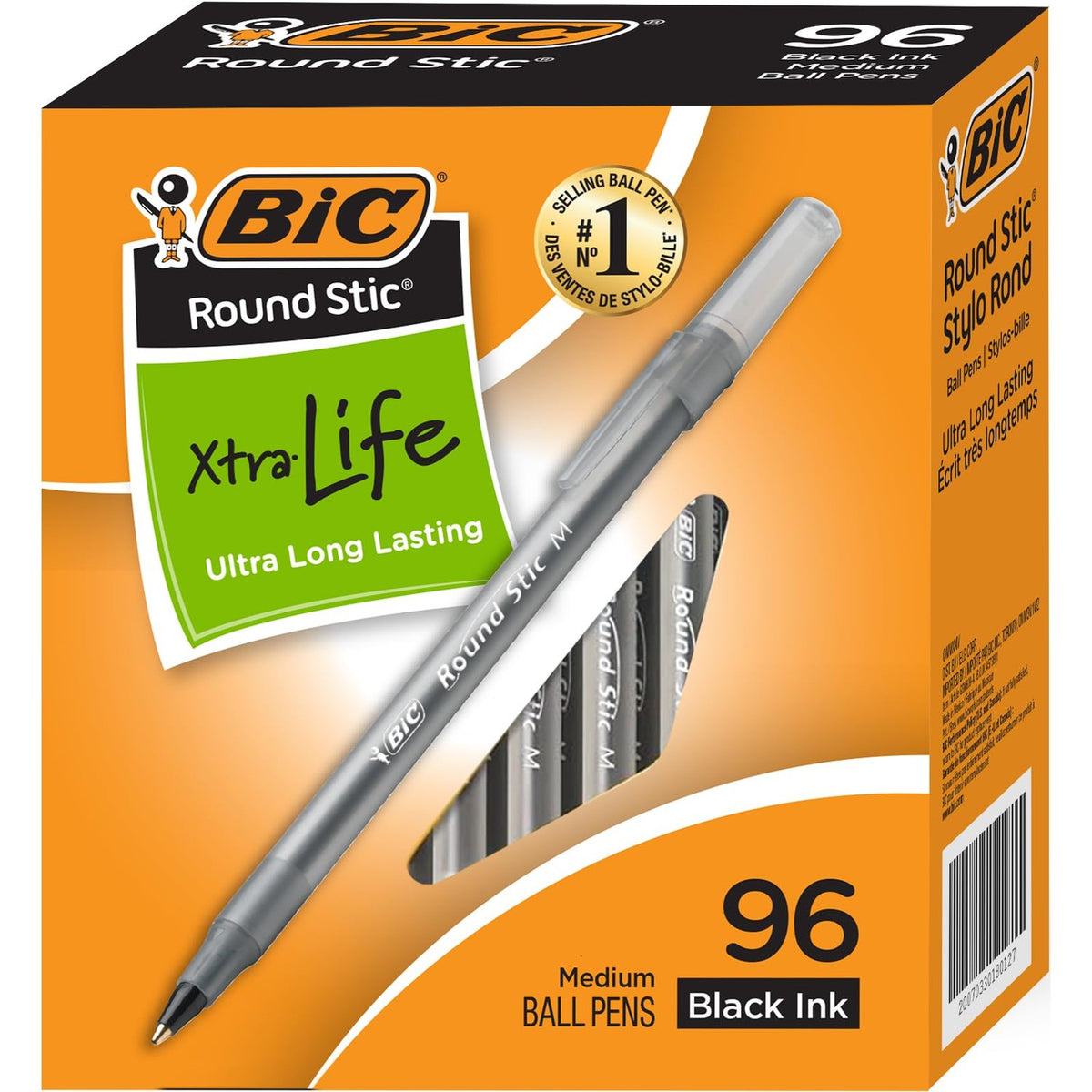 BIC Round Stic Xtra Life Ballpoint Pens - 1mm, Pack of 96 Black Pens