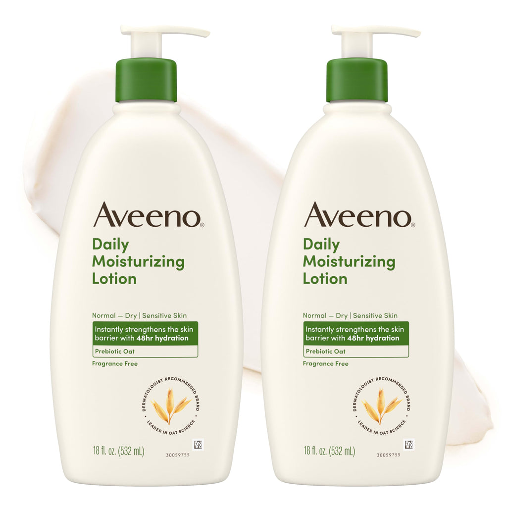 Aveeno Daily Moisturizing Body Lotion for Normal to Dry Skin, Moisturizer with Soothing Prebiotic Oat, Non Greasy, Non Comedogenic, Fragrance Free Body Lotion for Women & Men, 18 Fl Oz