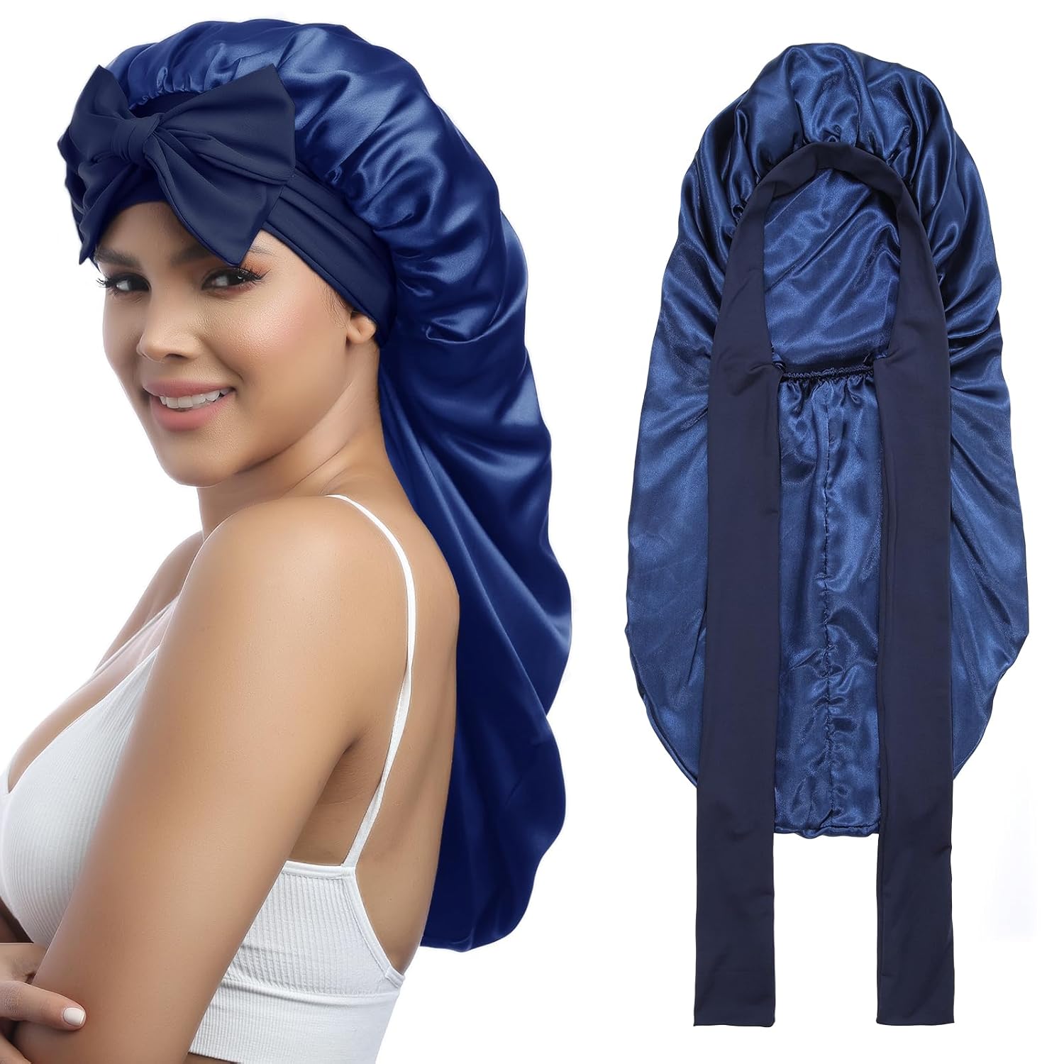 Buy now AWAYTR Long Satin Bonnet for Women - Double Layer Elastic Silk Bonnet for Braids Hair Sleeping Cap with Tie Band (Rose Gold) One Size Navy Blue at indiglob india
