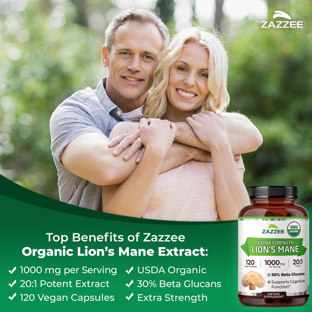 Zazzee USDA Organic Lion's Mane 20:1 Extract, 30% Beta Glucans, Vegan