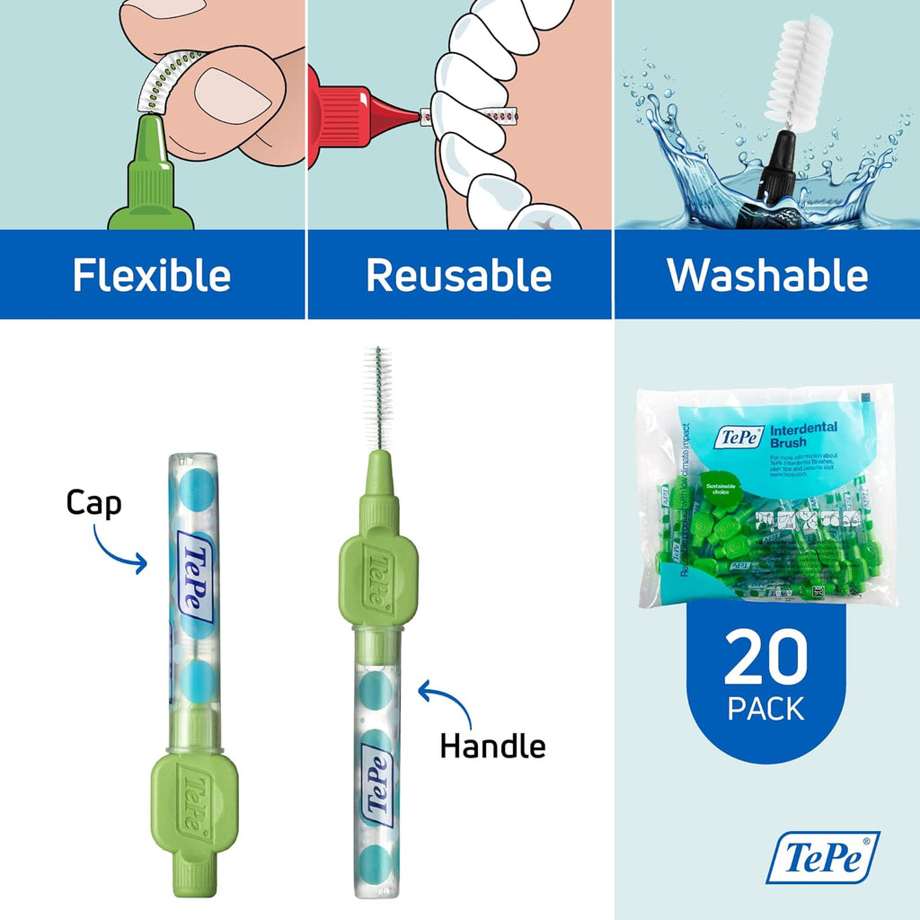 Buy now TePe Interdental Brush Original, Soft Dental Brush for Teeth Cleaning, Pack of 20, 0.8 mm, Large Gaps, Green, Size 5 at indiglob india