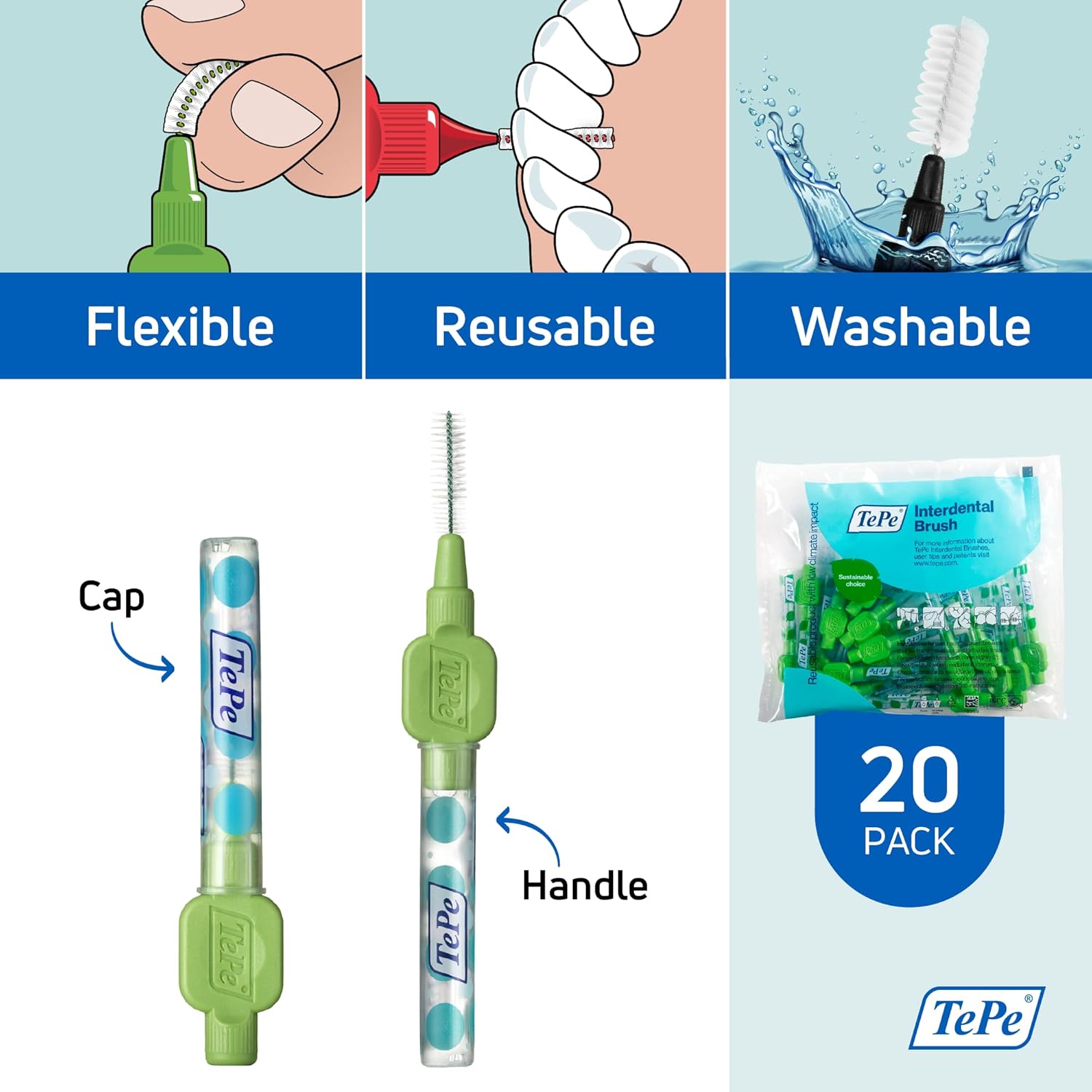 Buy now TePe Interdental Brush Original, Soft Dental Brush for Teeth Cleaning, Pack of 20, 0.8 mm, Large Gaps, Green, Size 5 at indiglob india
