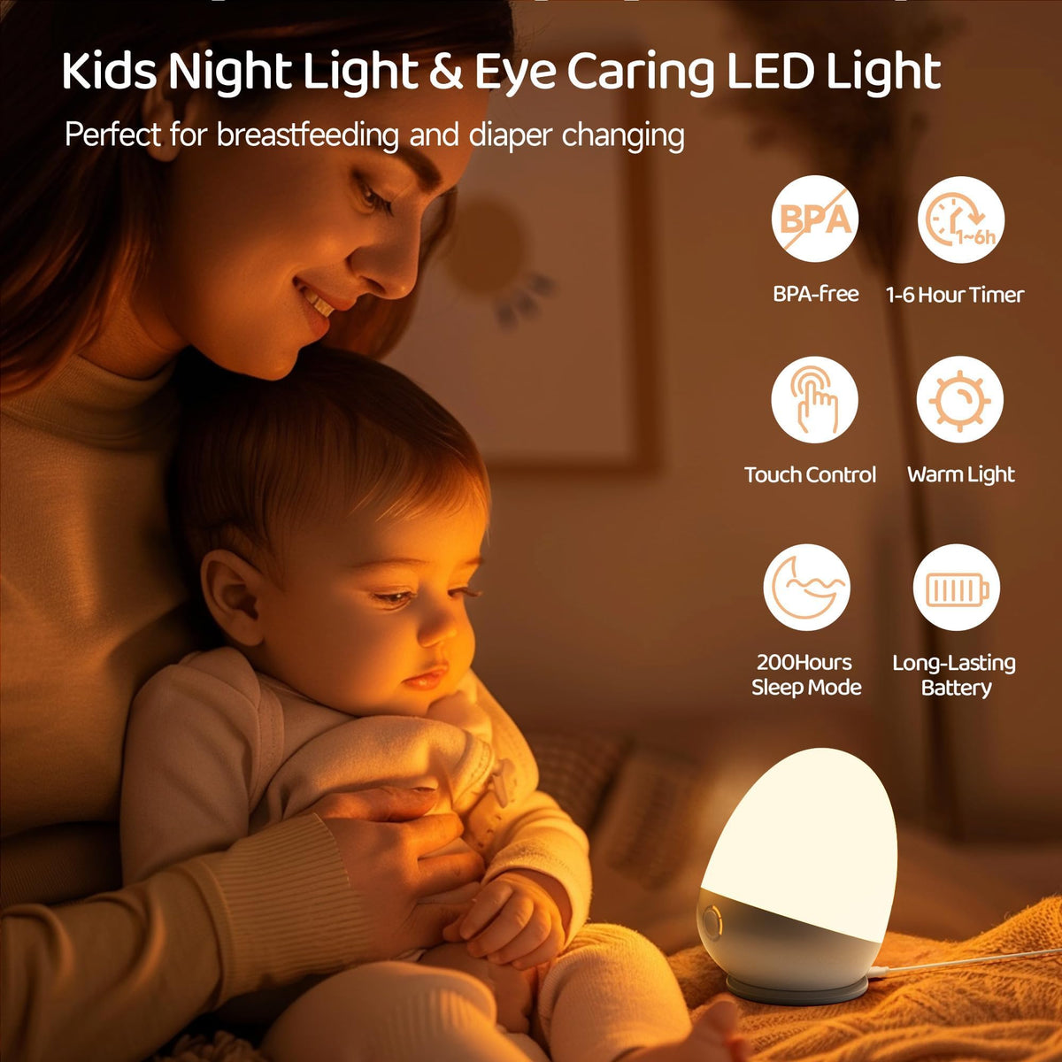 Touch Egg Night Light for Baby Nursery, Rechargeable Portable Kids Nightlight Lamp with 1-6H Feeding Timer, 3 Color Temperatures Dimmable, Ideal for New Moms of Toddlers