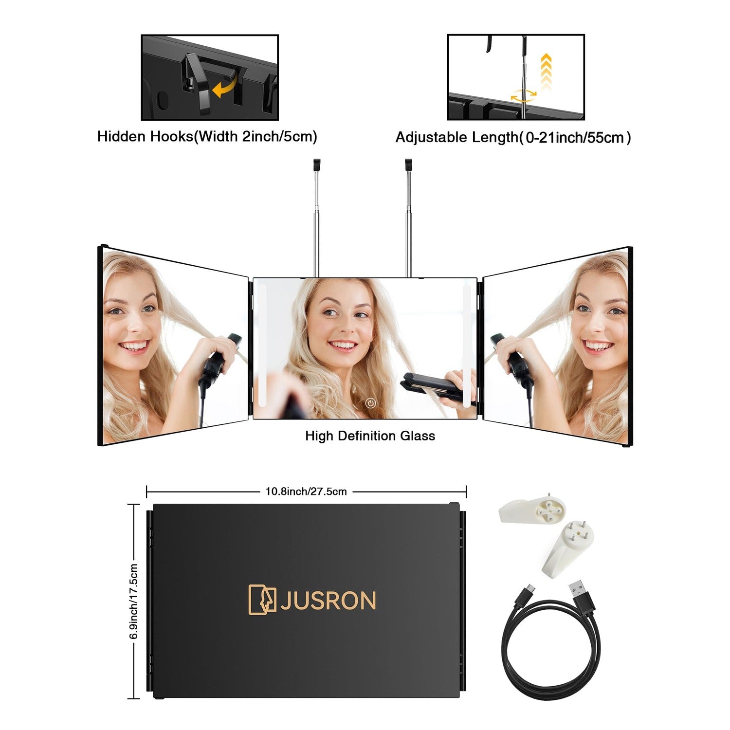 JUSRON 360 Viewing Angle Self Hair Cutting Mirror, Clear Anti-Fog HD Glass, USB Rechargeable, Easy to Use, Height Adjustable, Portable, Good Choice for Gifts | USB Rechargeable, Easy to Use, Height Adjustable, Portable, Good Choice for Gifts