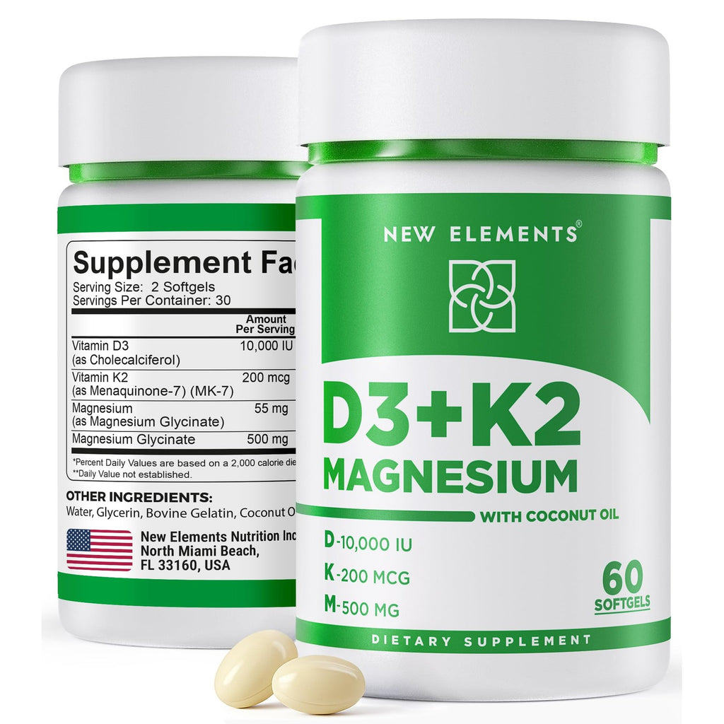 New Elements Vitamin D3 K2 10,000 IU with Magnesium Glycinate 500mg - Bone Health, Immune Support, Energy & Mood - Non-GMO, Gluten-Free, Sugar-Free Softgels for Women & Men (60 softgels)